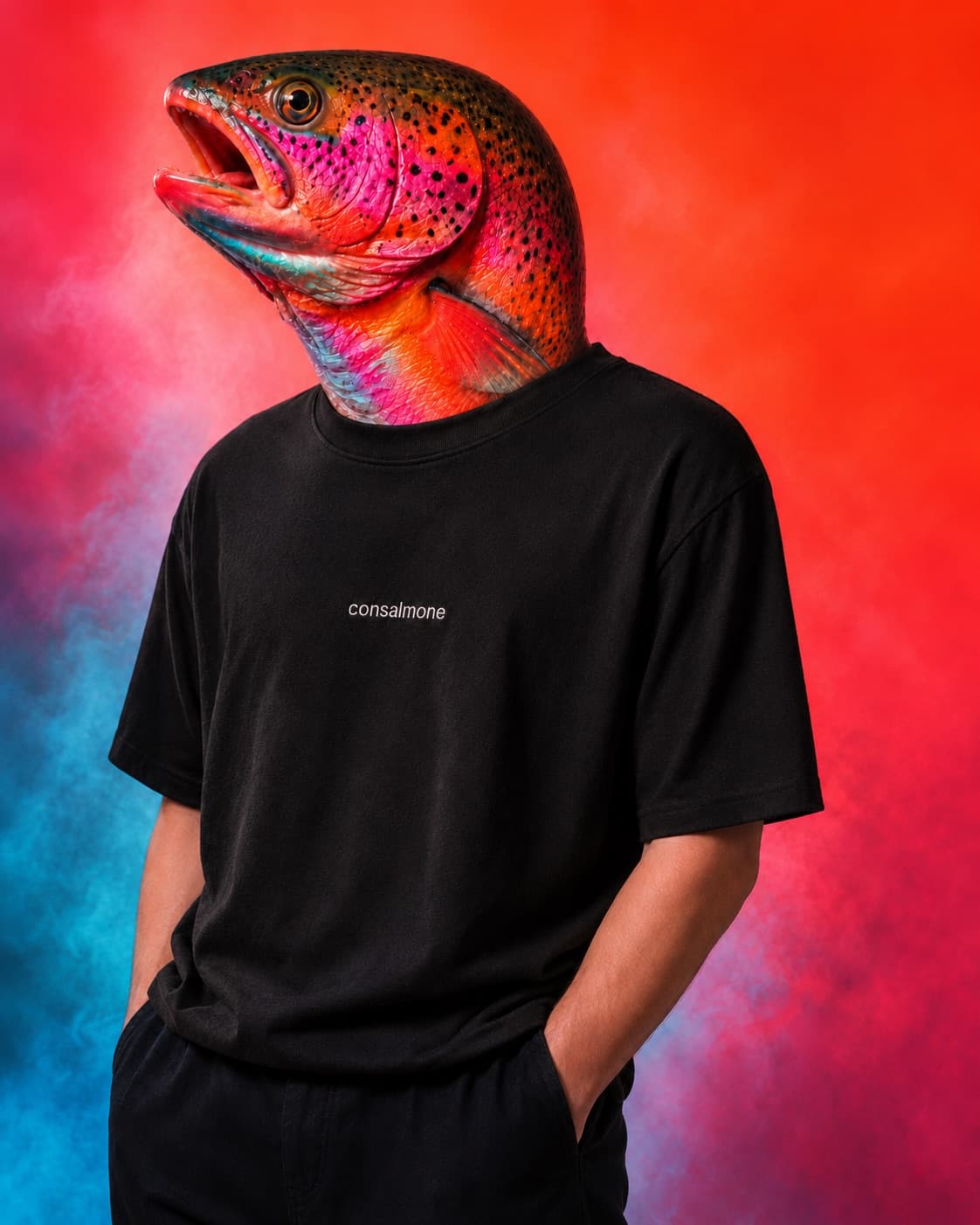 Model mit Forellenkopf trägt das schwarze consalmone-Tee